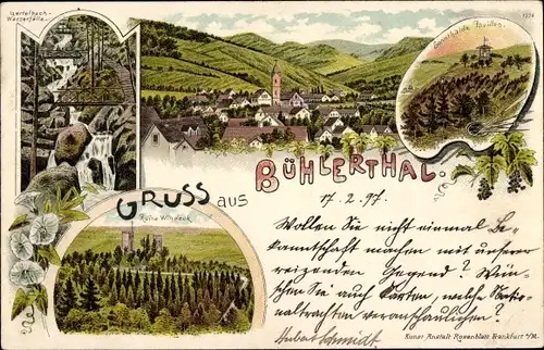 Litho Bühlertal im Schwarzwald, Gesamtansicht, Gertelbach Wasserfälle, Ruine Windeck, Pavillon