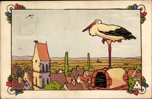Künstler Ak Hansi, Frankreich, Ortsansicht, Storch