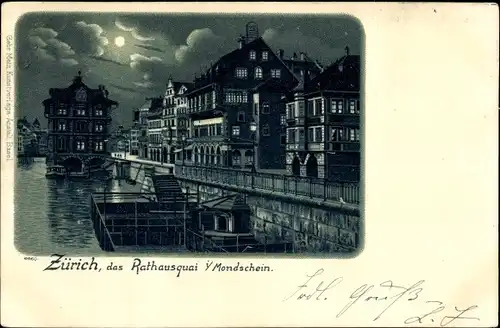 Mondschein Litho Zürich Stadt Schweiz, Rathausquai