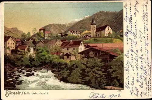 Litho Bürglen Kt Uri Schweiz, Ortsansicht, Tell's Geburtsort