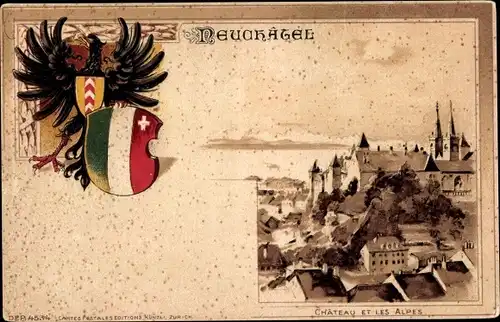 Präge Wappen Ak Neuchâtel Neuenburg Stadt, Chateau et les Alpes