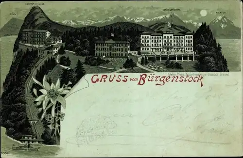 Mondschein Litho Bürgenstock Kanton Nidwalden, Pilatus, Stanserhorn, Hammetschwand, Rigi