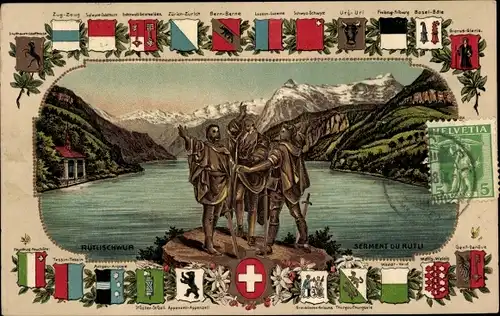 Präge Wappen Ak Kanton Luzern Schweiz, Rütlischwur, Serment du Rutli, Tessin, Waadt, Genf