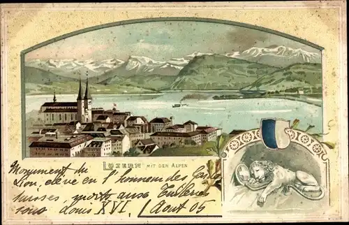 Präge Litho Luzern Stadt Schweiz, Stadtansicht mit den Alpen, Löwe, Wappen