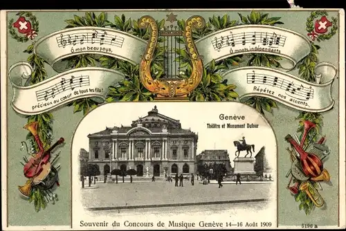 Präge Lied Ak Genève Genf Schweiz, Theatre et Monument Dufour, Lyra, Concours de Musique, 1909