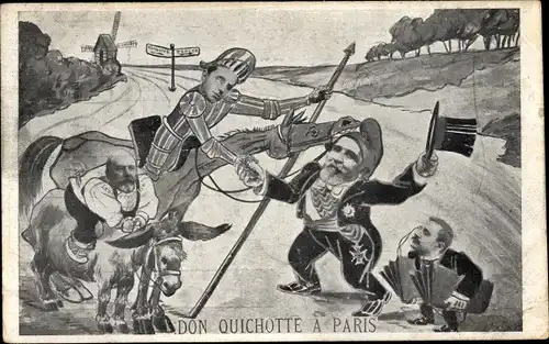 Künstler Ak Don Quichote à Paris, Präsident Emile Loubet, König Alfonso XIII. von Spanien, Karikatur