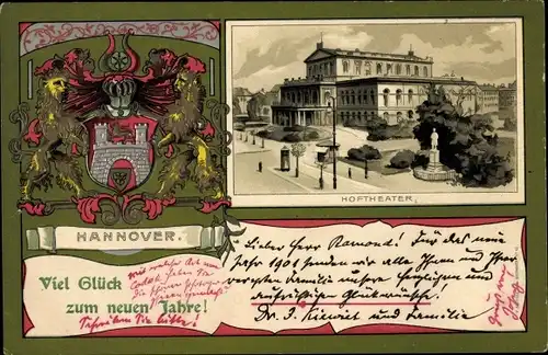 Präge Wappen Passepartout Litho Hannover, Hoftheater, Glückwunsch Neujahr