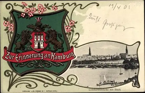 Präge Wappen Passepartout Ak Hamburg, Lombardsbrücke und Stadt