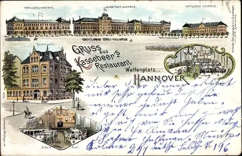 Litho Hannover, Welfenplatz, Infanterie Kaserne, Artillerie Kaserne, Restaurant  Kassebeer