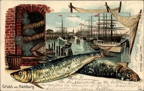 Präge Passepartout Litho Hamburg, Niederhafen, Segelschiffe, Räucherfisch