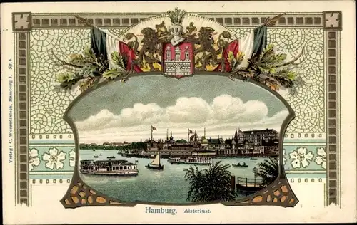Präge Passepartout Litho Hamburg Mitte Sankt Georg, Alsterlust, Fahnen, Wappen