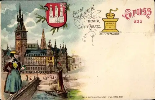 Litho Hamburg, Rathaus, Aecht Franck Bester Caffee Zusatz, Wappen, Frau in Tracht