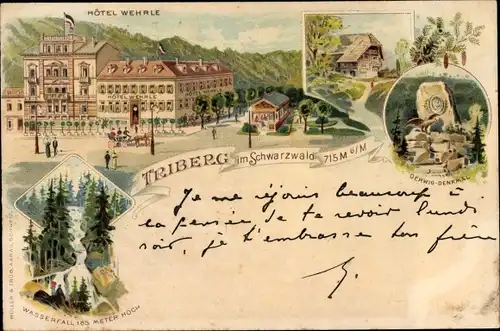 Litho Triberg im Schwarzwald, Hotel Wehrle, Gerwigdenkmal, Wasserfall