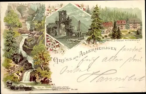 Litho Oppenau im Schwarzwald, Klosterruine Allerheiligen, Wasserfälle, Hotel Mittenmaier