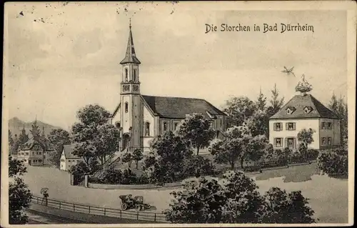 Künstler Ak Bad Dürrheim im Schwarzwald, Kirche, Storchennest