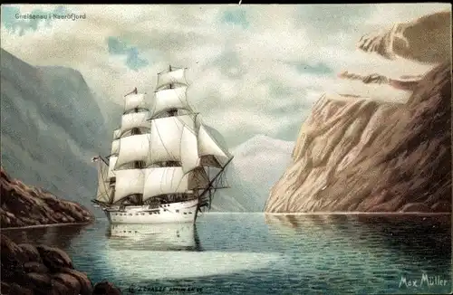 Künstler Ak Müller, Max, Naeröfjord Norwegen, Deutsches Kriegsschiff, SMS Gneisenau, ged. Korvette