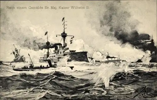 Künstler Ak Deutsche Kriegsschiffe bei einer Seeschlacht, nach einem Gemälde von Kaiser Wilhelm II