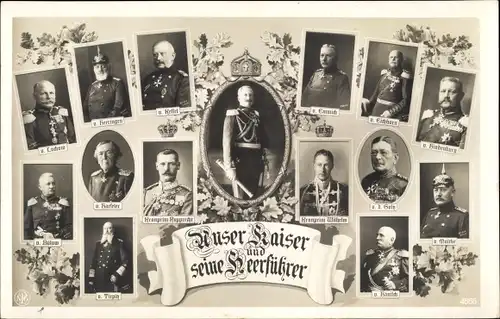 Ak Kaiser Wilhelm II. mit seinen Heerführern, Hindenburg, Bülow, Emmich, Moltke, Kronprinz Rupprecht