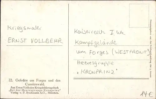 Künstler Ak Vollbehr, Forges Meuse, Gefechte, Cumierewald, I WK, Schlachtszene