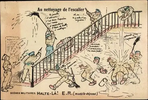 Künstler Ak Soldaten reinigen in der Kaserne, Besen, Wischmopp