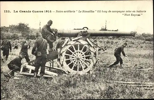 Ak La Grande Guerre 1914, Notre Artillerie Le Rimailhe 155 long, Geschütz