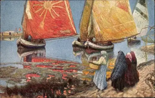 Künstler Ak Segelpartie, Frauen, Korb, Ufer