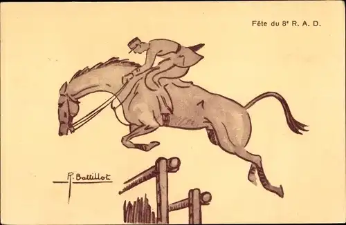 Künstler Ak Battillot, R., Mann zu Pferde, Springreiten