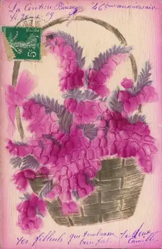 Relief Ak Blumen im Korb, Schleife