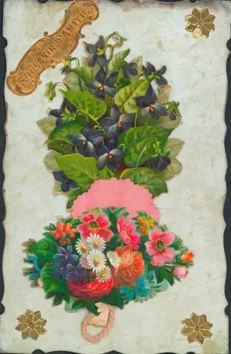 Mechanische Ak Blumenstrauß, Rosen, Vergissmeinnicht, Kitsch