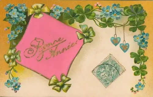 Relief Ak Glückwunsch Neujahr, Stoffkissen, Glücksklee, Vergissmeinnicht