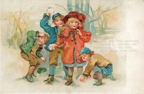 Litho Kinder im Wald, Schneeball, Glitzer