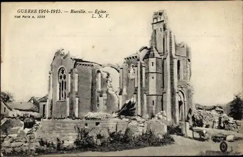 Ak Riaville Lothringen Meuse, Eglise, Kriegszerstörungen, I. WK