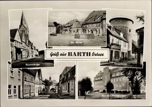 Ak Barth an der Ostsee, Dammstraße, Fangelturm, am Markt, Rat des Kreises, Klosterstraße