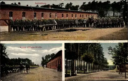 Ak Zeithain Sachsen, Truppenübungsplatz, Aufstellung, Kaiser Wilhelm Str., Infanterie Barackenlager