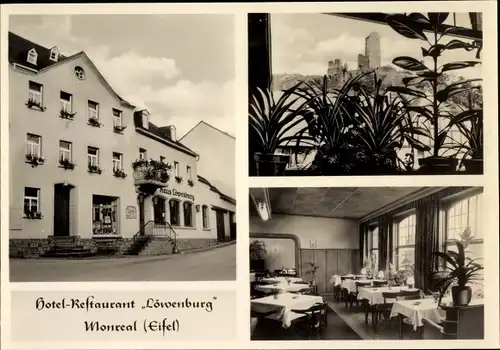 Ak Monreal Eifel, Hotel Restaurant Löwenburg, Speisesaal, Blick zur Burg