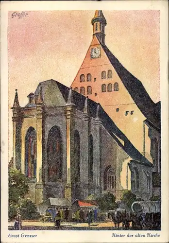 Künster Ak Grosser, Ernst, Neuruppin in Brandenburg, HInter der alten Kirche