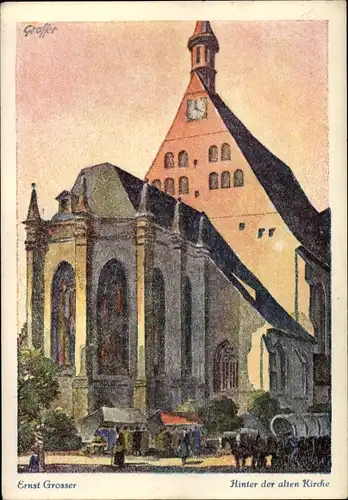 Künster Ak Grosser, Ernst, Neuruppin in Brandenburg, HInter der alten Kirche