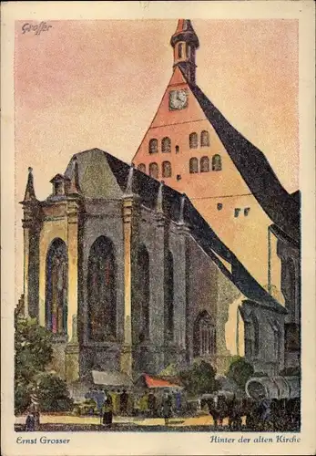 Künster Ak Grosser, Ernst, Neuruppin in Brandenburg, HInter der alten Kirche