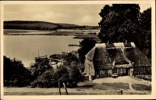 Ak Neukloster in Mecklenburg, Reetdachhaus mit Seeblick