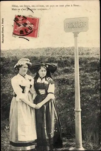 Ak Meurthe et Moselle, Frauen in Tracht am Schild, Frontiere