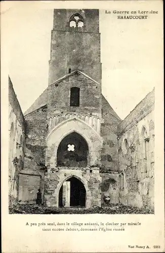 Ak Haraucourt Meurthe et Moselle, im Krieg zerstörte Kirche