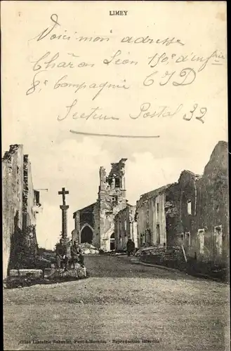 Ak Limey Meurthe et Moselle, im Krieg zerstörte Häuser und Kirche
