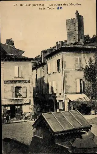 Ak Crest Drôme, La Place des Moulins et la Tour