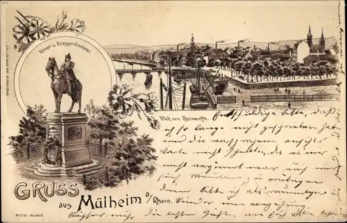Litho Mülheim Köln am Rhein, Gesamtansicht, Kaiserdenkmal, Kriegerdenkmal