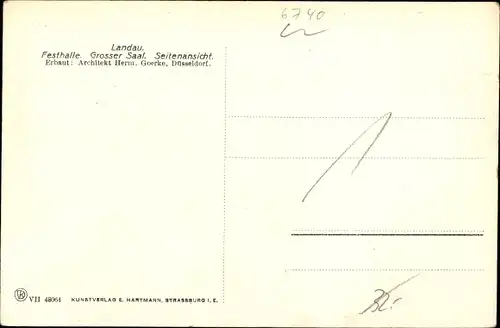 Ak Landau in der Pfalz, Festhalle, Grosser Saal, Seitenansicht