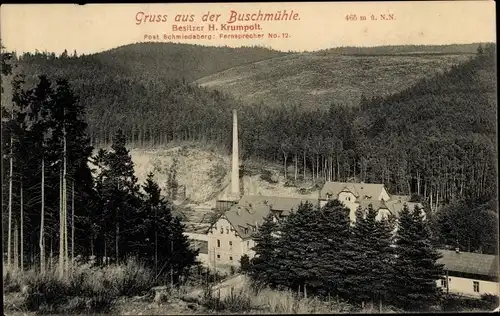 Ak Buschmühle Schmiedeberg Dippoldiswalde im Osterzgebirge, Blick auf den Ort, Wald
