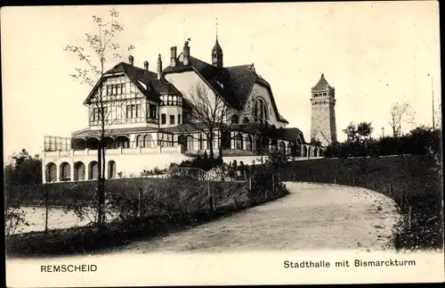 Ak Remscheid im Bergischen Land, Stadthalle m. Bismarckturm