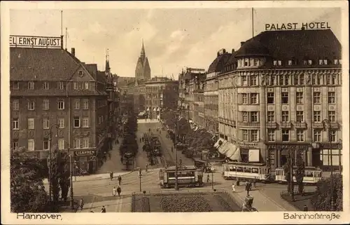 Ak Hannover in Niedersachsen, Bahnhofstraße, Palasthotel, Straßenbahnen