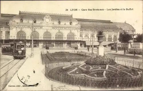 Ak Lyon Rhône, Gare des Brotteaux, Les Jardins et le Buffet, Straßenbahn