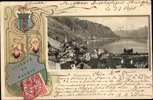 Präge Wappen Ak Montreux Kanton Waadt Schweiz, La Dent du Midi, Stadtansicht